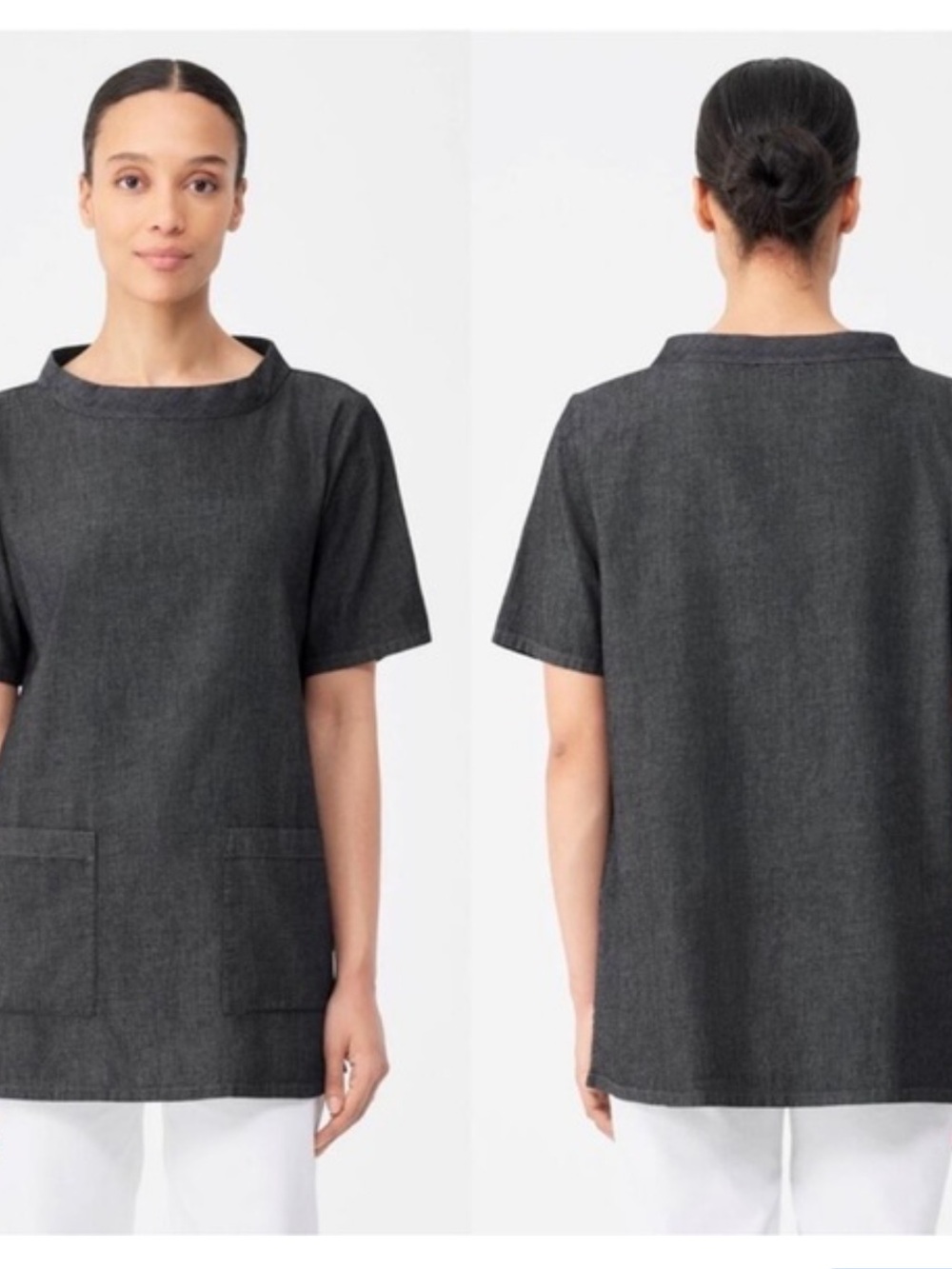 Eileen Fisher Black Airy Organic Cotton Twill Mock Neck Long  Top